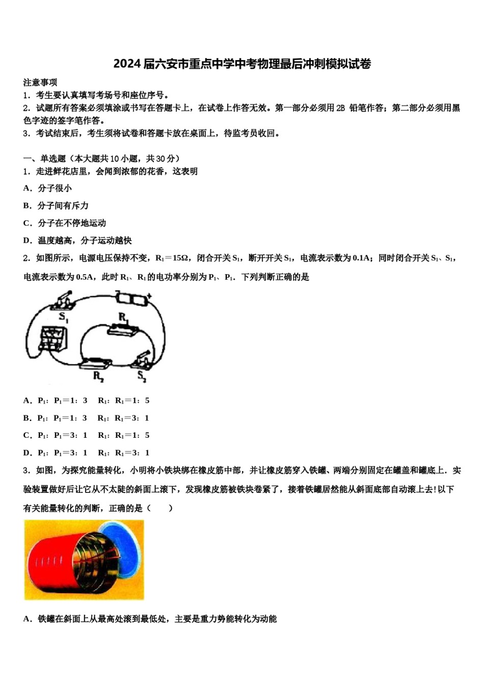2024届六安市重点中学中考物理最后冲刺模拟试卷含解析.doc_第1页