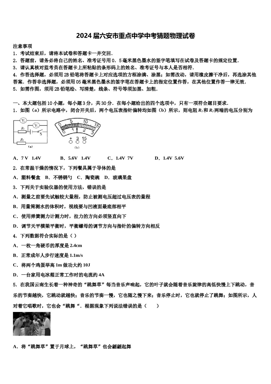 2024届六安市重点中学中考猜题物理试卷含解析.doc_第1页