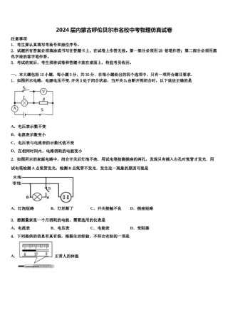 2024届内蒙古呼伦贝尔市名校中考物理仿真试卷含解析.doc