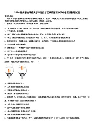 2024届内蒙古呼伦贝尔市海拉尔区铁路第三中学中考五模物理试题含解析.doc
