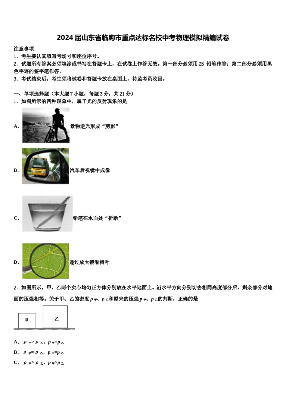 2024届山东省临朐市重点达标名校中考物理模拟精编试卷含解析.doc_第1页