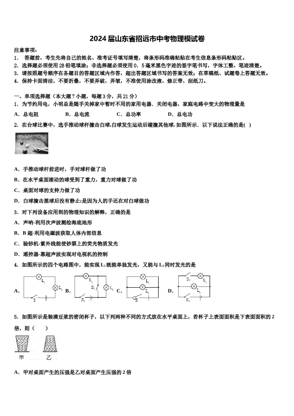 2024届山东省招远市中考物理模试卷含解析.doc_第1页