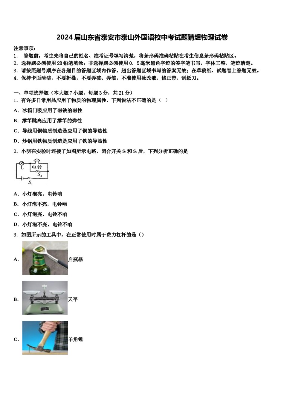 2024届山东省泰安市泰山外国语校中考试题猜想物理试卷含解析.doc_第1页