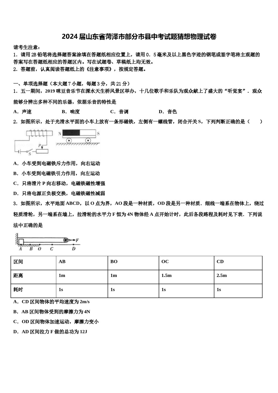 2024届山东省菏泽市部分市县中考试题猜想物理试卷含解析.doc_第1页