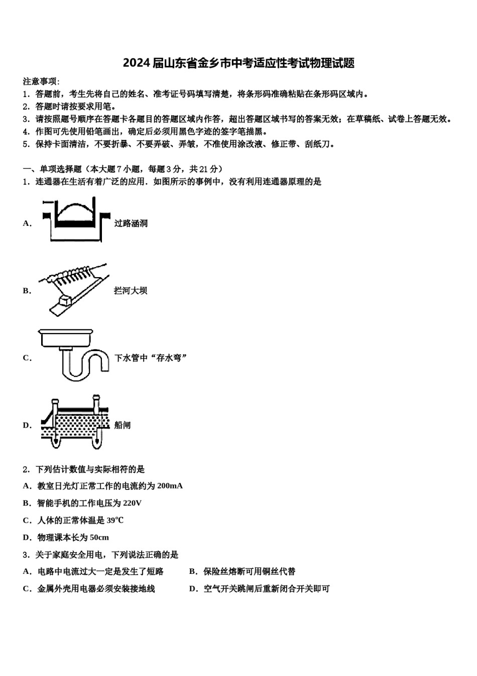 2024届山东省金乡市中考适应性考试物理试题含解析.doc_第1页