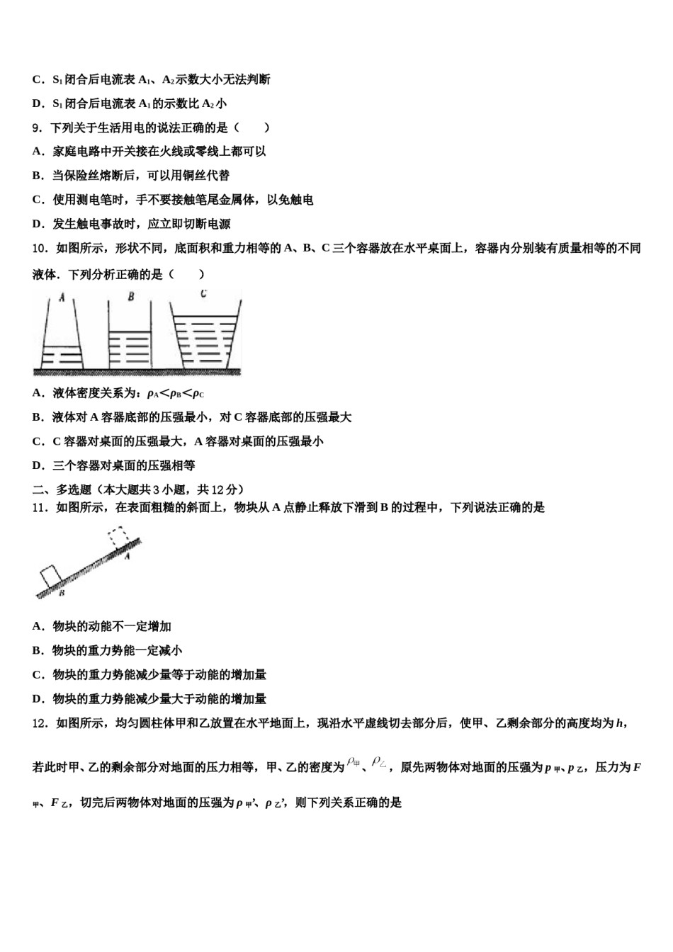 2024届广西南宁市天桃中学中考三模物理试题含解析.doc_第3页