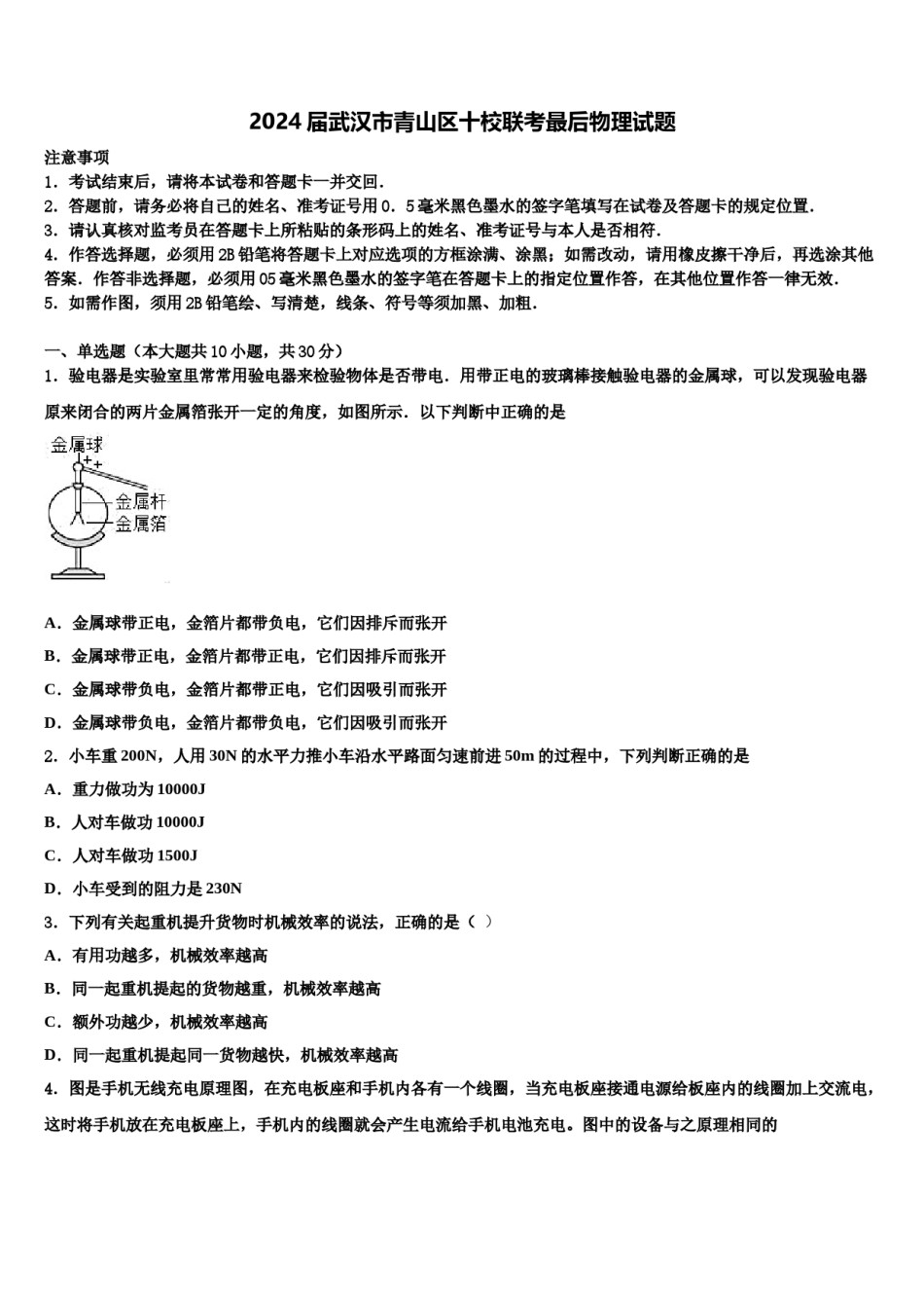 2024届武汉市青山区十校联考最后物理试题含解析.doc_第1页
