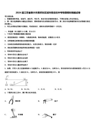 2024届江苏省泰兴市黄桥东区域市级名校中考物理模拟精编试卷含解析.doc
