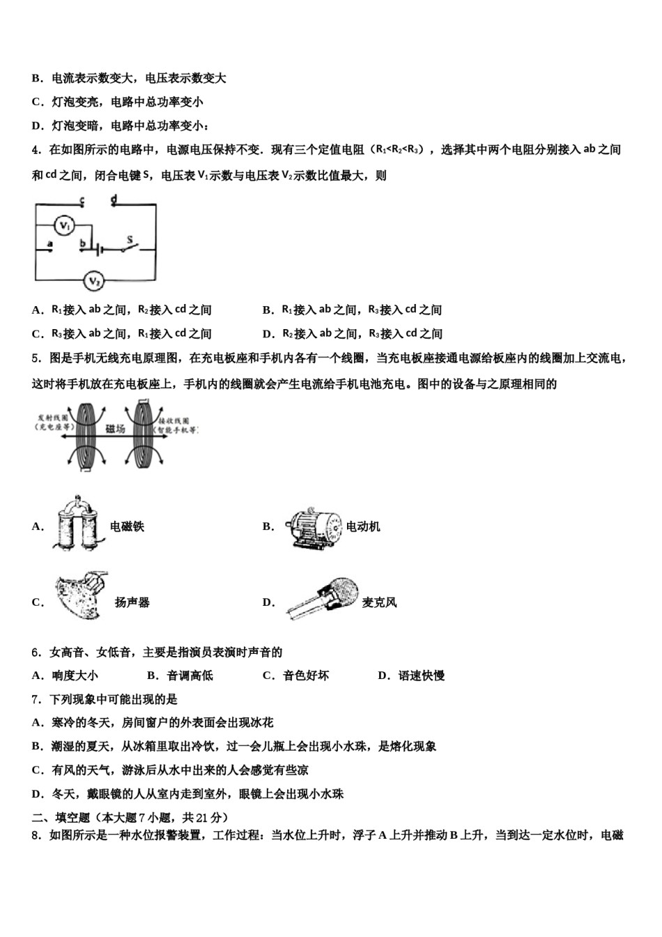2024届江苏省泰州中学附属初级中学中考适应性考试物理试题含解析.doc_第2页