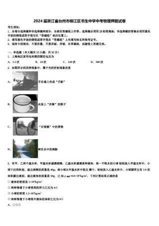 2024届浙江省台州市椒江区书生中学中考物理押题试卷含解析.doc
