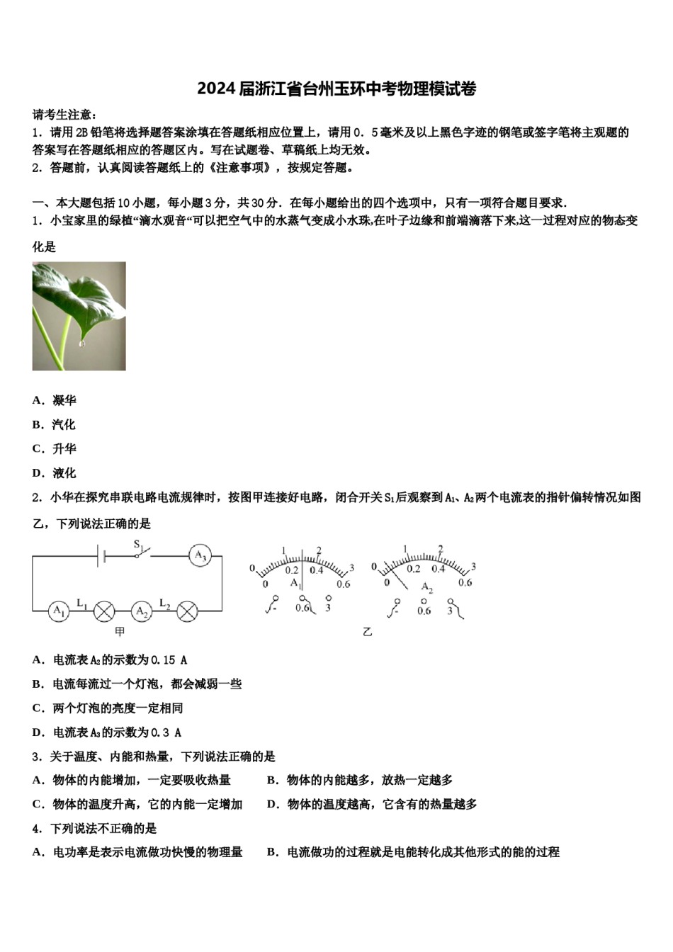 2024届浙江省台州玉环中考物理模试卷含解析.doc_第1页