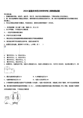 2024届重庆市巴川中学中考二模物理试题含解析.doc