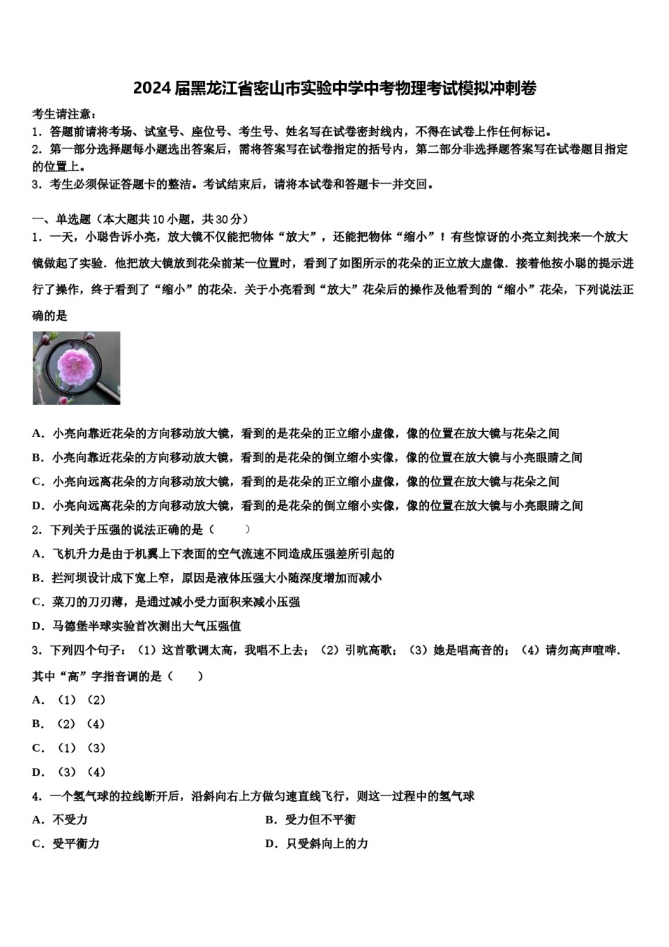 2024届黑龙江省密山市实验中学中考物理考试模拟冲刺卷含解析.doc_第1页