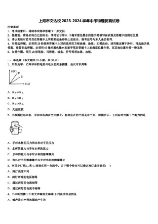 上海市文达校2023-2024学年中考物理仿真试卷含解析.doc