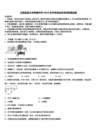 云南民族大学附属中学2024年中考适应性考试物理试题含解析.doc