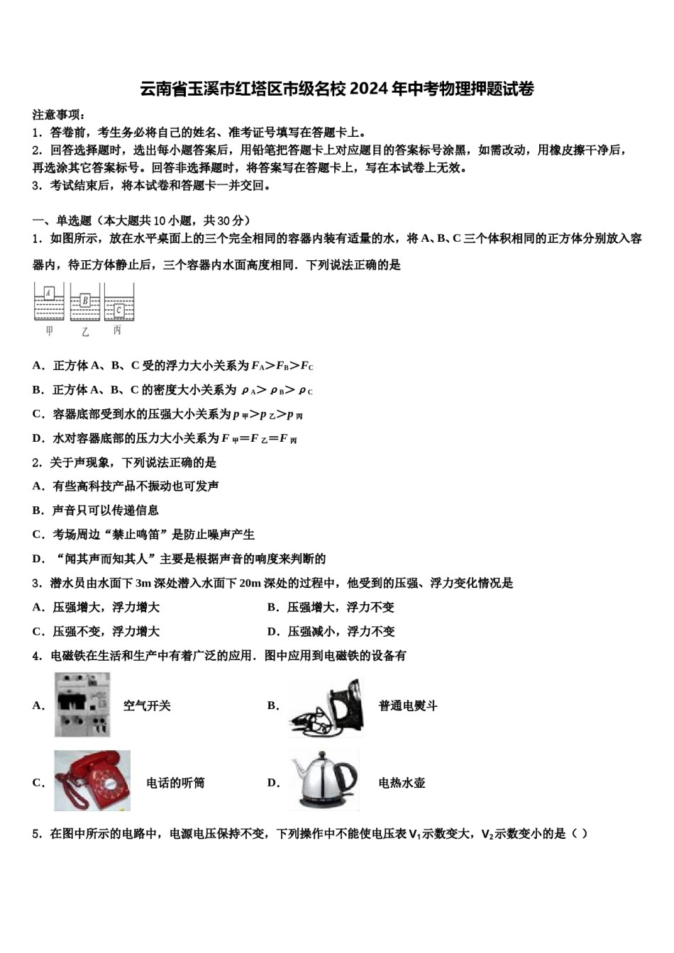 云南省玉溪市红塔区市级名校2024年中考物理押题试卷含解析.doc_第1页