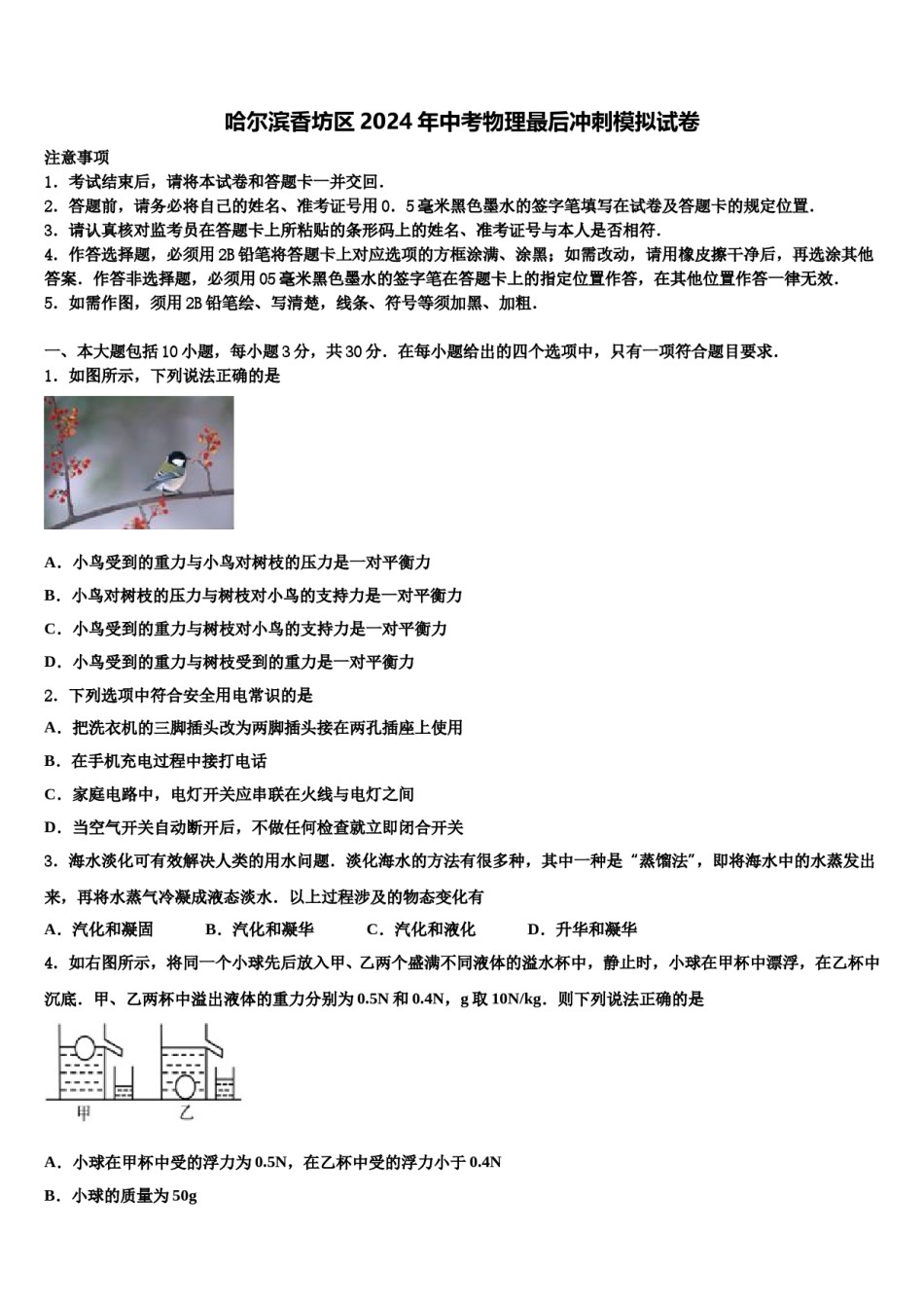 哈尔滨香坊区2024年中考物理最后冲刺模拟试卷含解析.doc_第1页