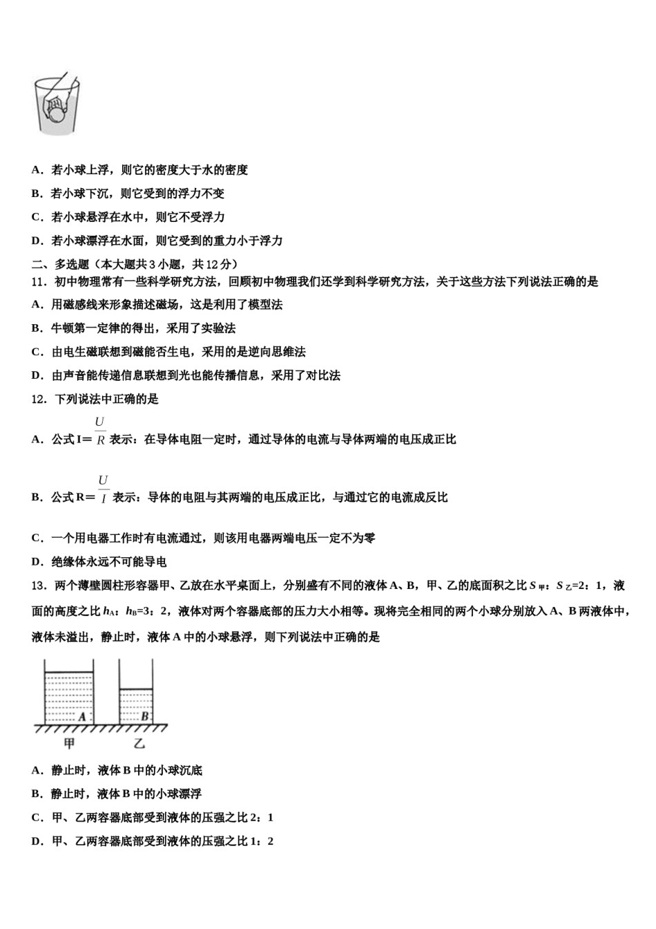 四川省宜宾市南溪区市级名校2024年中考一模物理试题含解析.doc_第3页
