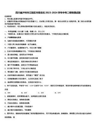 四川省泸州市江阳区市级名校2023-2024学年中考二模物理试题含解析.doc
