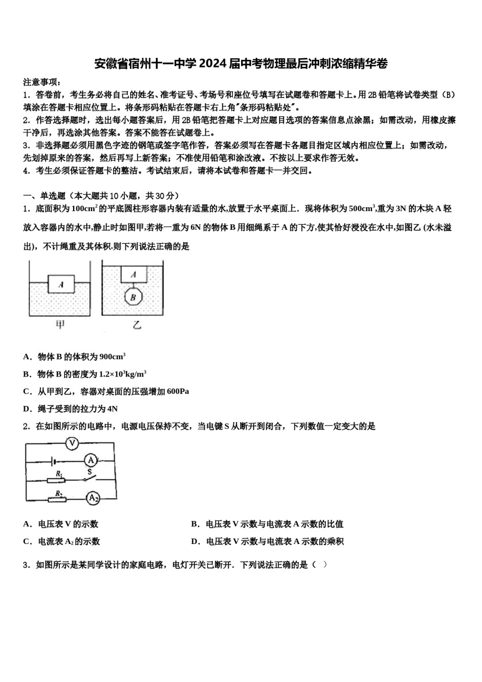 安徽省宿州十一中学2024届中考物理最后冲刺浓缩精华卷含解析.doc_第1页
