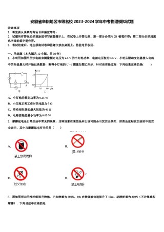 安徽省阜阳地区市级名校2023-2024学年中考物理模拟试题含解析.doc