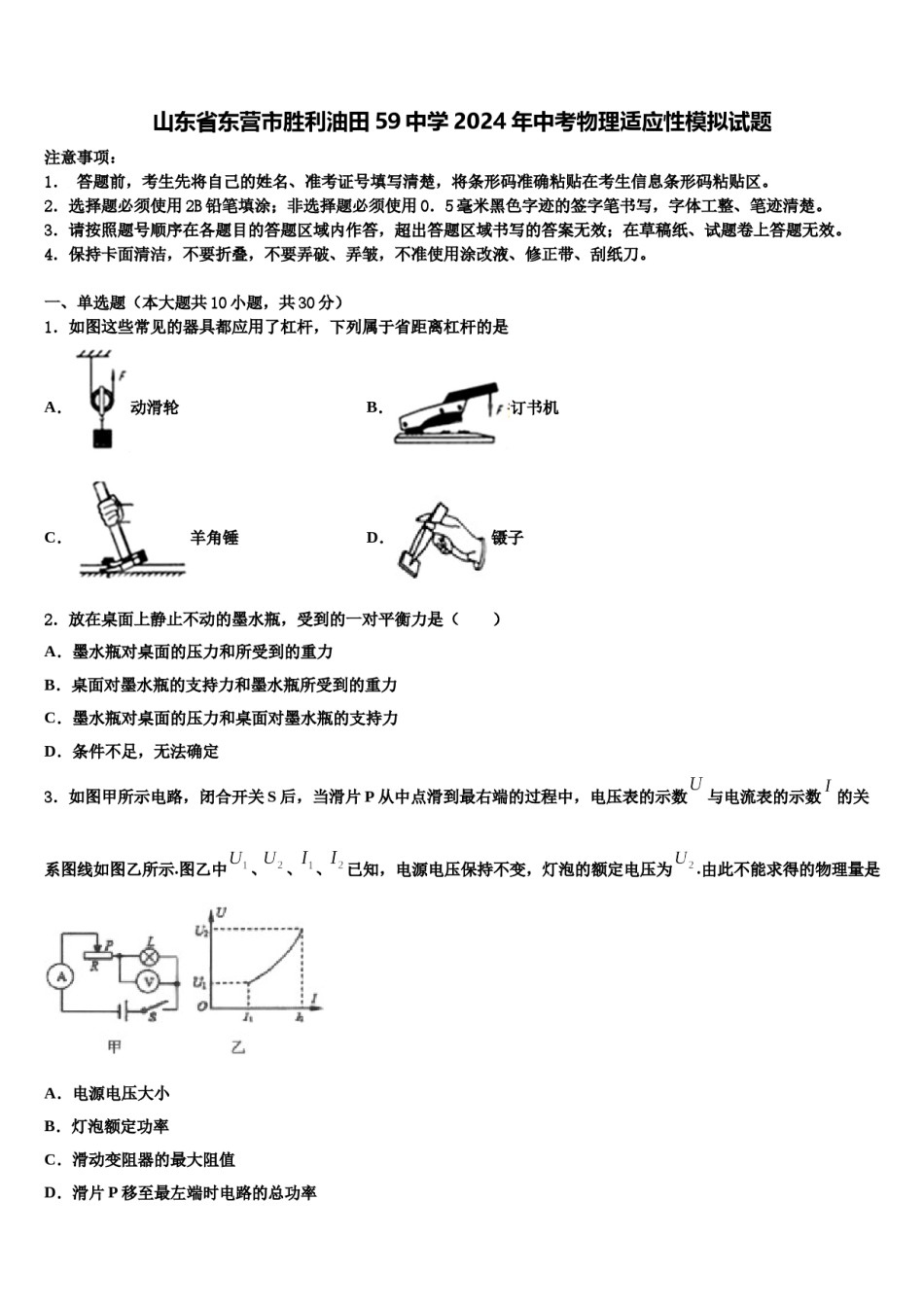 山东省东营市胜利油田59中学2024年中考物理适应性模拟试题含解析.doc_第1页