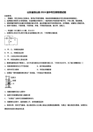 山东省微山县2024届中考五模物理试题含解析.doc