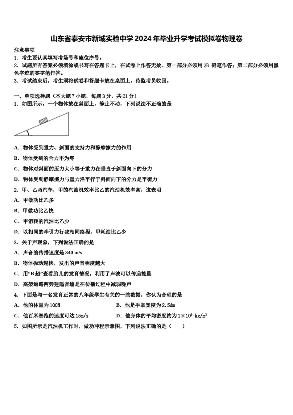 山东省泰安市新城实验中学2024年毕业升学考试模拟卷物理卷含解析.doc_第1页