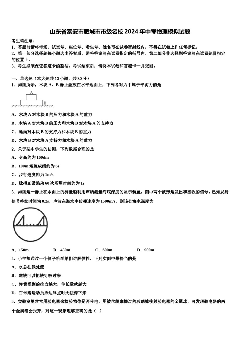 山东省泰安市肥城市市级名校2024年中考物理模拟试题含解析.doc_第1页