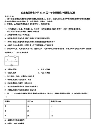 山东省王浩屯中学2024届中考物理最后冲刺模拟试卷含解析.doc