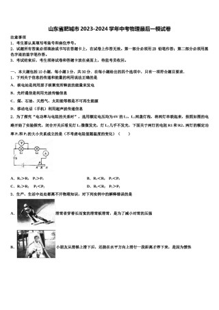 山东省肥城市2023-2024学年中考物理最后一模试卷含解析.doc