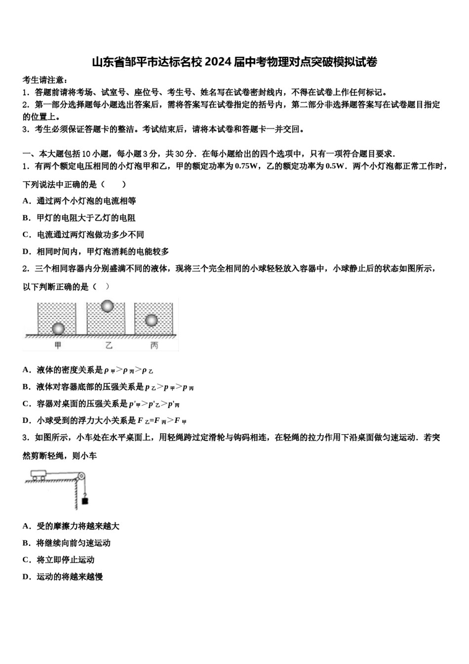 山东省邹平市达标名校2024届中考物理对点突破模拟试卷含解析.doc_第1页