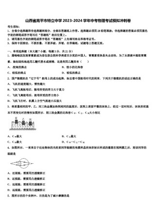 山西省高平市特立中学2023-2024学年中考物理考试模拟冲刺卷含解析.doc