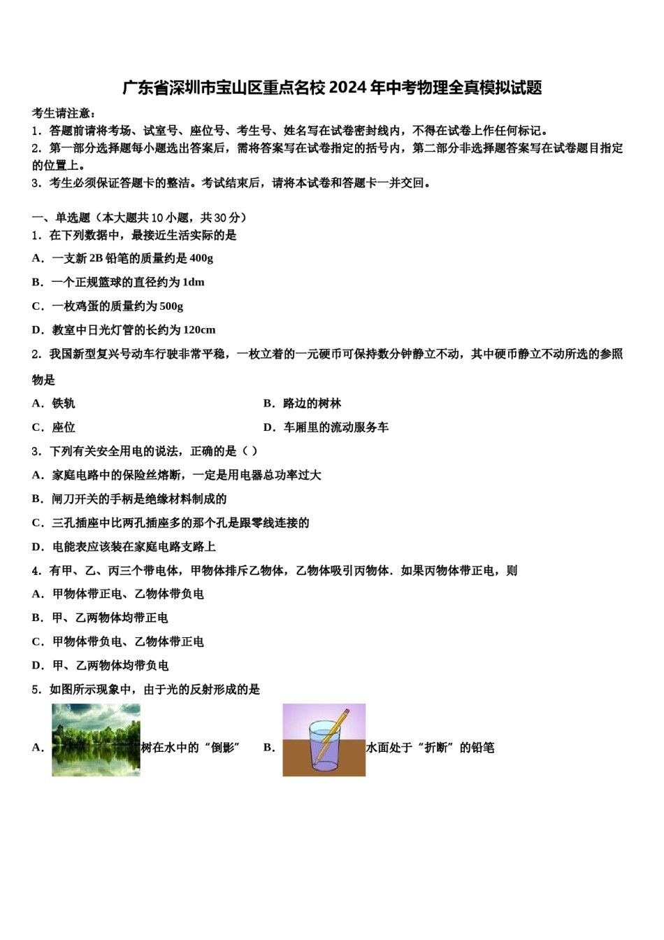 广东省深圳市宝山区重点名校2024年中考物理全真模拟试题含解析.doc_第1页