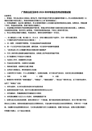 广西自治区玉林市2024年中考适应性考试物理试题含解析.doc