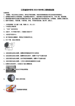江苏省扬中学市2024年中考二模物理试题含解析.doc