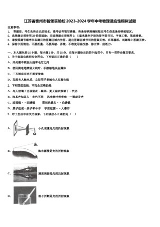 江苏省泰州市智堡实验校2023-2024学年中考物理适应性模拟试题含解析.doc