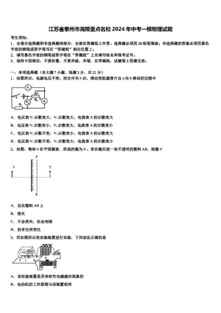 江苏省泰州市海陵重点名校2024年中考一模物理试题含解析.doc