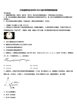 江苏省泰州白马中学2024届中考四模物理试题含解析.doc