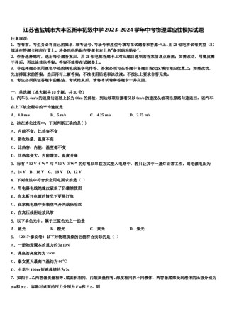 江苏省盐城市大丰区新丰初级中学2023-2024学年中考物理适应性模拟试题含解析.doc