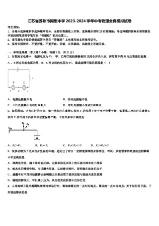 江苏省苏州市同里中学2023-2024学年中考物理全真模拟试卷含解析.doc