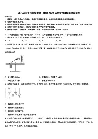 江苏省苏州市张家港第一中学2024年中考物理模拟精编试卷含解析.doc