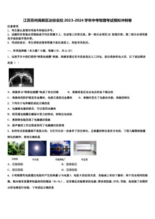 江苏苏州高新区达标名校2023-2024学年中考物理考试模拟冲刺卷含解析.doc