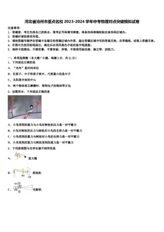 河北省沧州市重点名校2023-2024学年中考物理对点突破模拟试卷含解析.doc