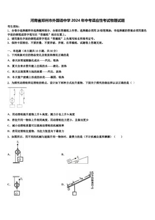 河南省郑州市外国语中学2024年中考适应性考试物理试题含解析.doc