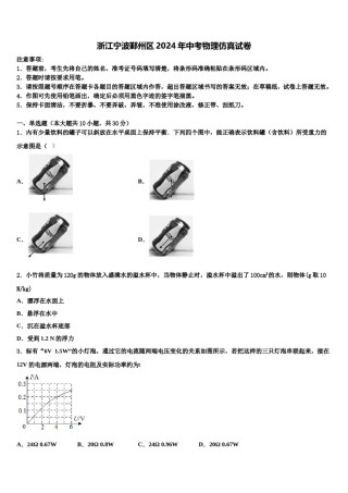浙江宁波鄞州区2024年中考物理仿真试卷含解析.doc