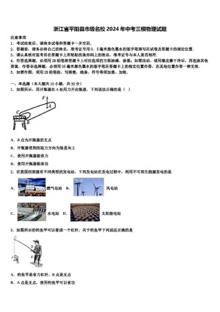 浙江省平阳县市级名校2024年中考三模物理试题含解析.doc