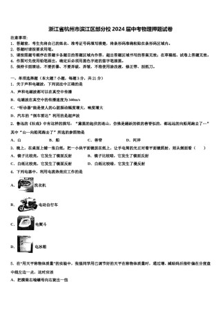 浙江省杭州市滨江区部分校2024届中考物理押题试卷含解析.doc