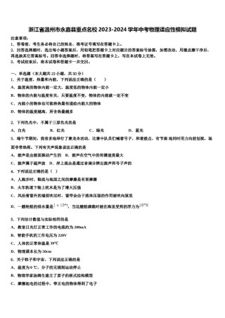 浙江省温州市永嘉县重点名校2023-2024学年中考物理适应性模拟试题含解析.doc
