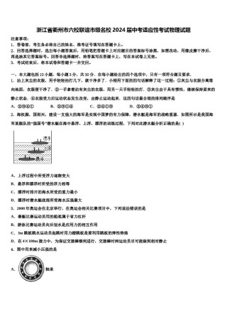 浙江省衢州市六校联谊市级名校2024届中考适应性考试物理试题含解析.doc